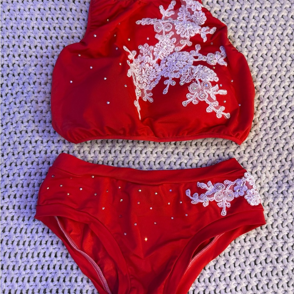 Pole Dance Set or Red Bikini with White Lace Embellishments. Size Small